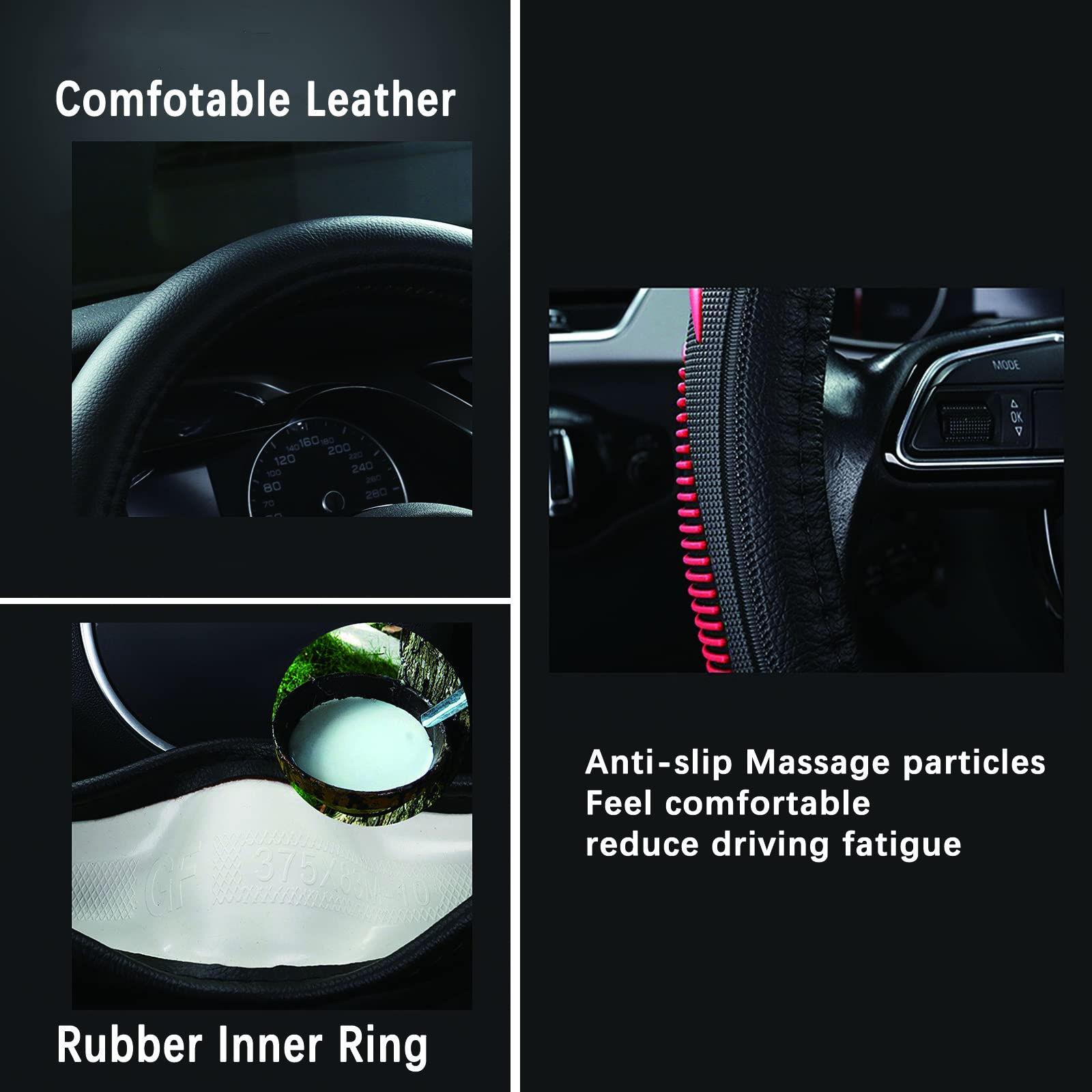 OHMU Leather Steering Wheel Cover for 15.5-16in Dodge Ram 1500/2500/3500 Black